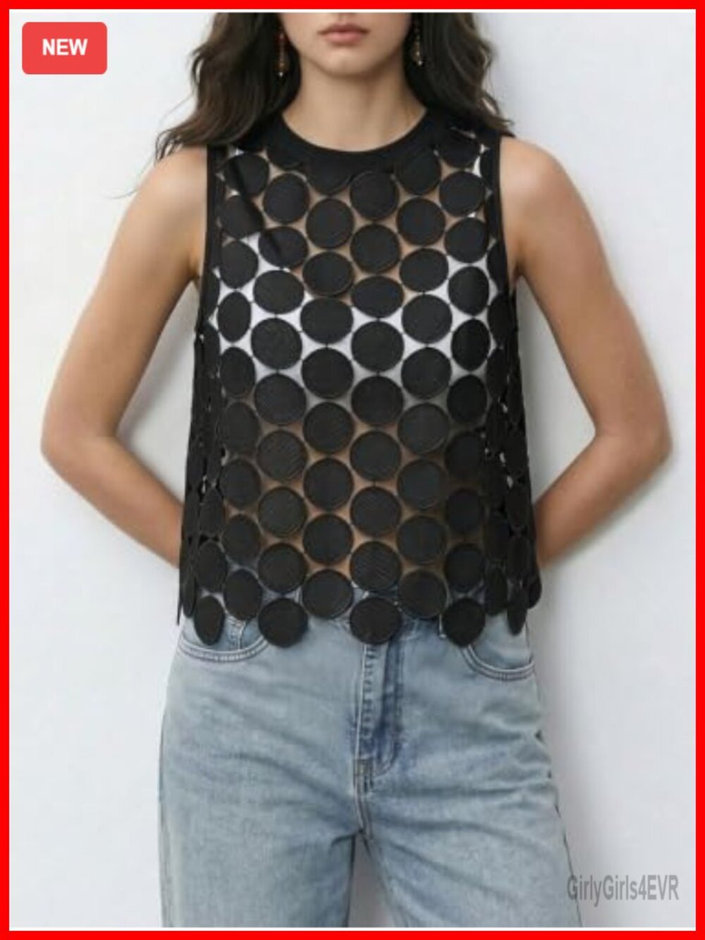 Women's Sheer Polka Dot Asymmetrical Tank Top Sleeveless Summer Vest Shirt - Picture 4 of 6
